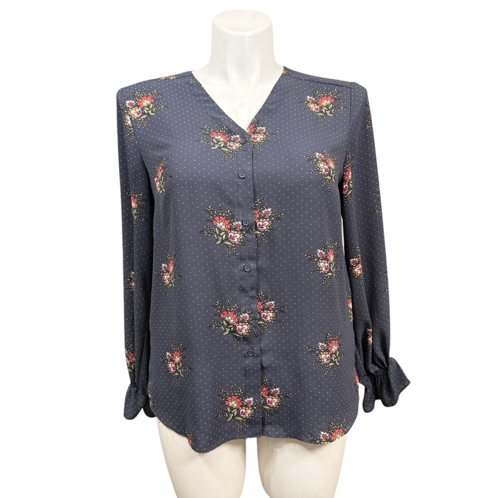 T Tahari Long Sleeve Floral Polka Dot Blouse Size Large